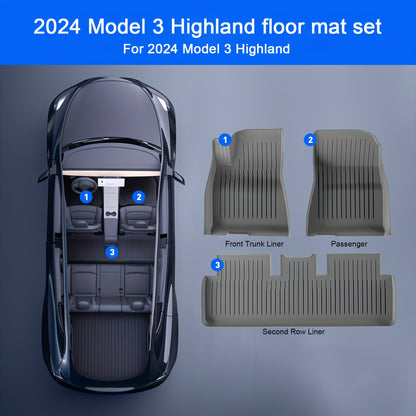 AeroGuard Max 3-Piece Gray TPE Floor Mats for Tesla Model 3 2024 - Waterproof, Easy-to-Clean, and Custom Fit for Optimal Interior Protection.