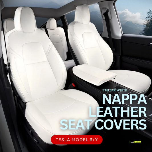 Stellar White Nappa Leather SC136 Seat Covers for Tesla Model 3 and Y, Premium Artificial Leather, All-Weather Protection, Tailored Fit, Easy Installation, Upgrade Tesla Interior, 2020-2023