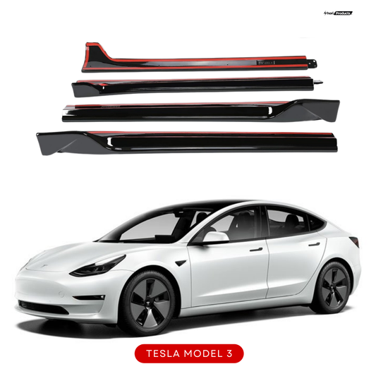 TurboGuard Black Side Skirt Set for Tesla Model 3 (2017-2023) - ABS rocker panel guards for wind resistance and sporty look, 4-piece kit with screws and 3M tape.