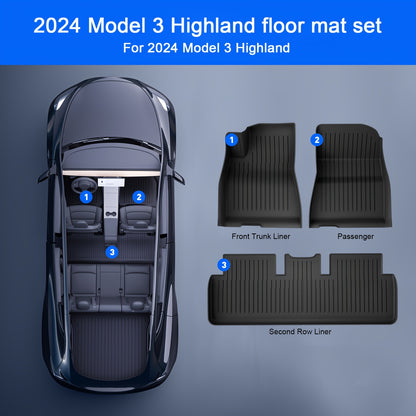 AeroGuard Max 3-Piece Black TPE Floor Mats for Tesla Model 3 2024 - All-Weather, Waterproof, Non-Slip Protection with 3D Precision Fit.