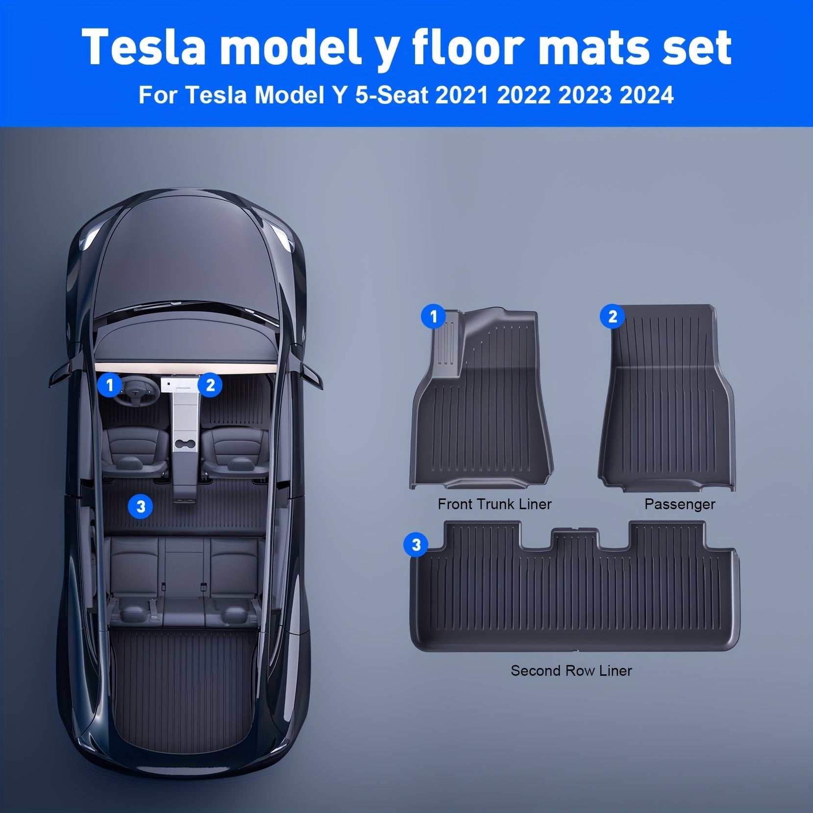 AeroGuard Max 3-Piece Black TPE Floor Mats for Tesla Model Y 2021-2024 - Waterproof, Non-Slip, Odorless Floor Mats for Ultimate Interior Protection.