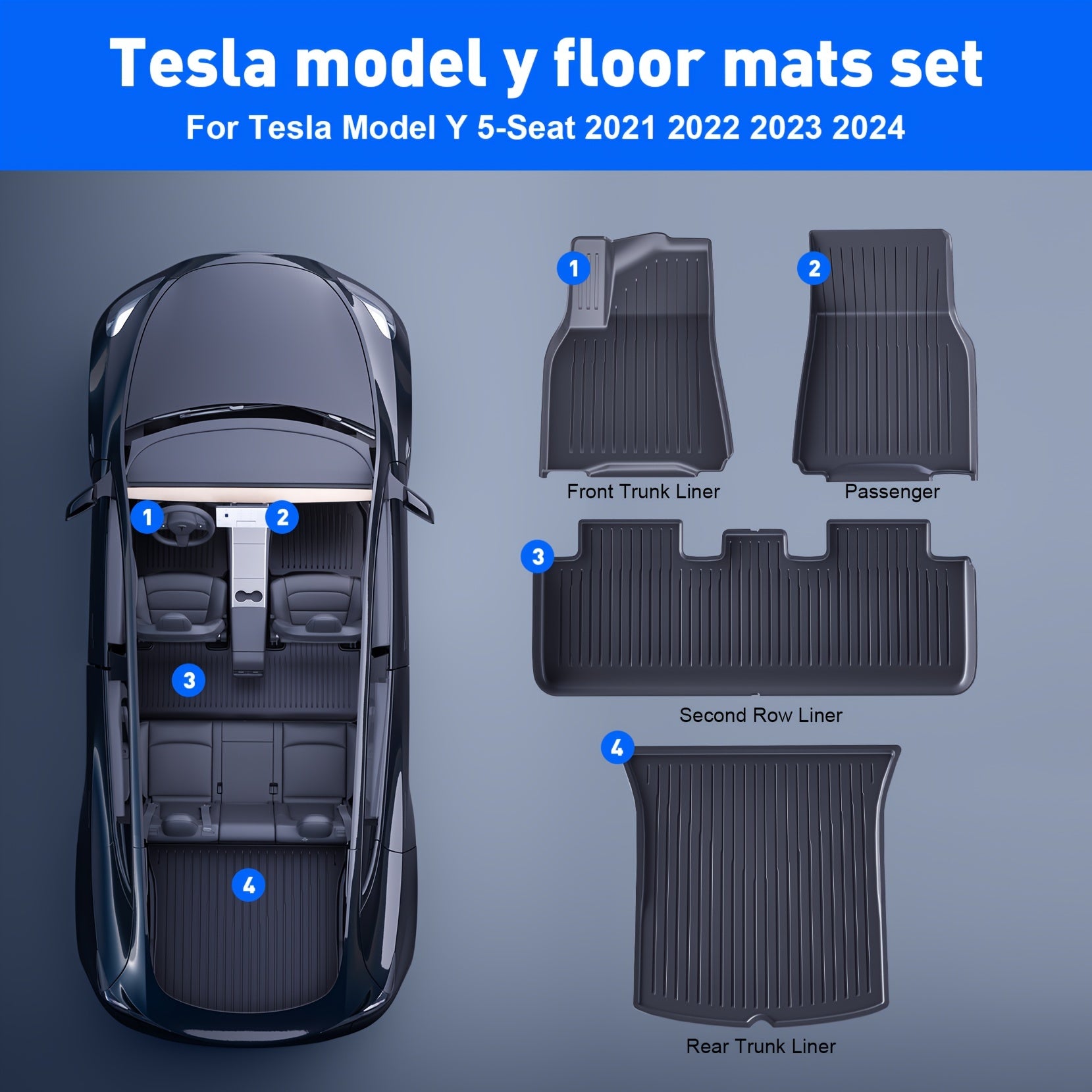 AeroGuard Max 4-Piece Black TPE Floor Mats for Tesla Model Y 2021-2024 - Precision Fit, Waterproof, and All-Weather Interior Protection.