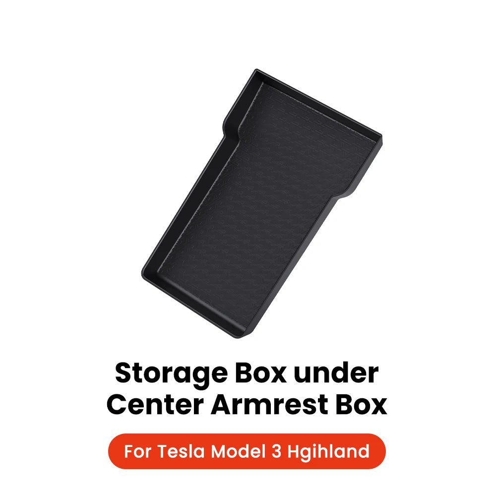 ShadowVault Armrest Under Box for Tesla Model 3 Highland 2024, crafted from high-quality silica gel, seamless installation, enhances storage, non-slip texture, eco-friendly materials, large capacity, easy maintenance, perfect fit.