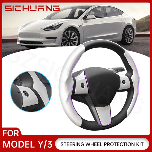 Luxury Carbon Fiber-Enhanced Steering Wheel Protector for Tesla Model 3 & Model Y