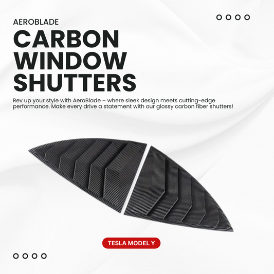 Enhance the look of your Tesla Model Y with AeroBlade Carbon Window Shutters. Featuring a sleek, glossy carbon fiber pattern, these rear side window shutters offer a sports-inspired design. Made from durable ABS material, they provide a perfect custom fit for the Model Y, 2021-2024, ensuring long-lasting style and easy installation. Transform your vehicle’s appearance with this premium accessory.