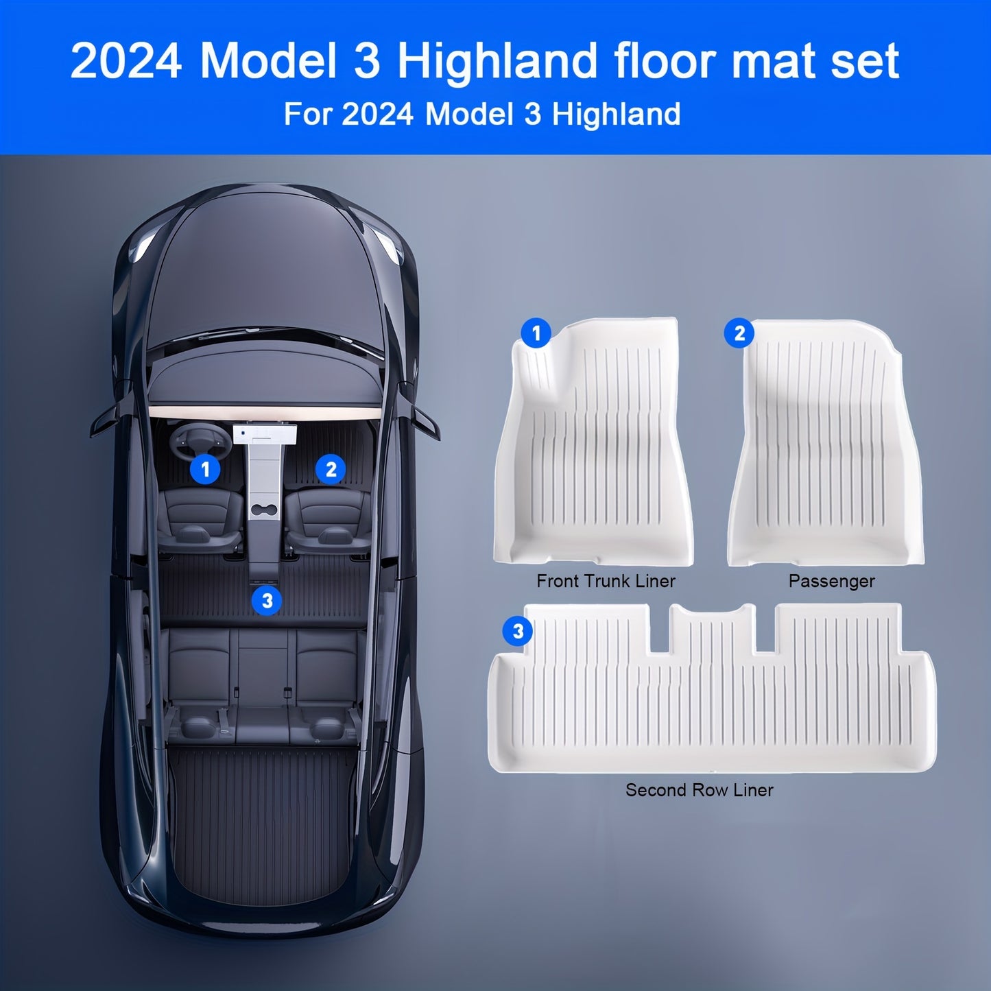 AeroGuard Max 3-Piece White TPE Floor Mats for Tesla Model 3 2024 - Waterproof, Non-Slip Mats with Precision Fit for All-Weather Protection.