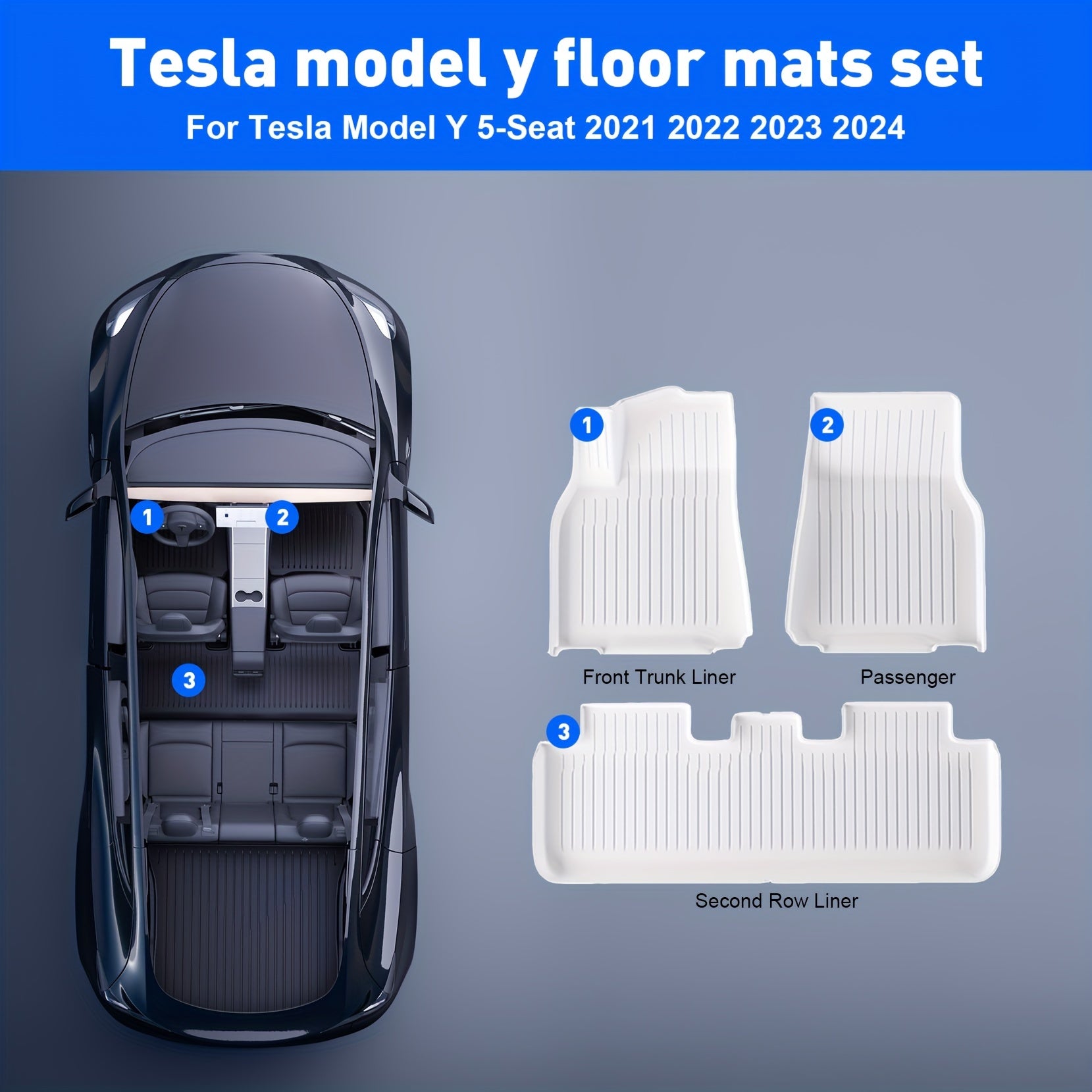 AeroGuard Max 3-Piece White TPE Floor Mats for Tesla Model Y 2021-2024 - All-Weather, Waterproof, and Non-Slip Interior Protection.