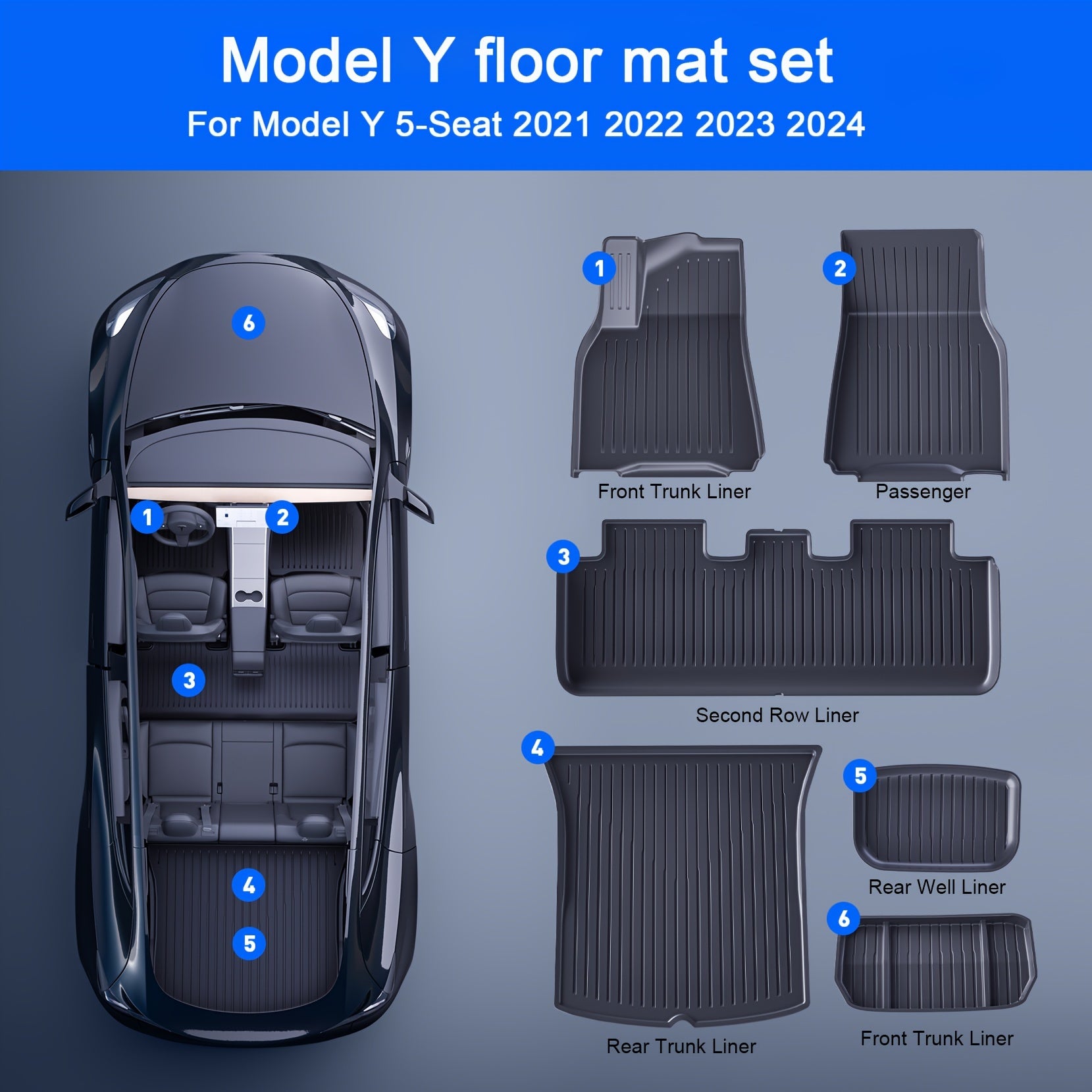 AeroGuard Max 6-Piece Black TPE Floor Mats for Tesla Model Y 2021-2024 - Complete Waterproof Interior Protection with 3D Precision Fit.