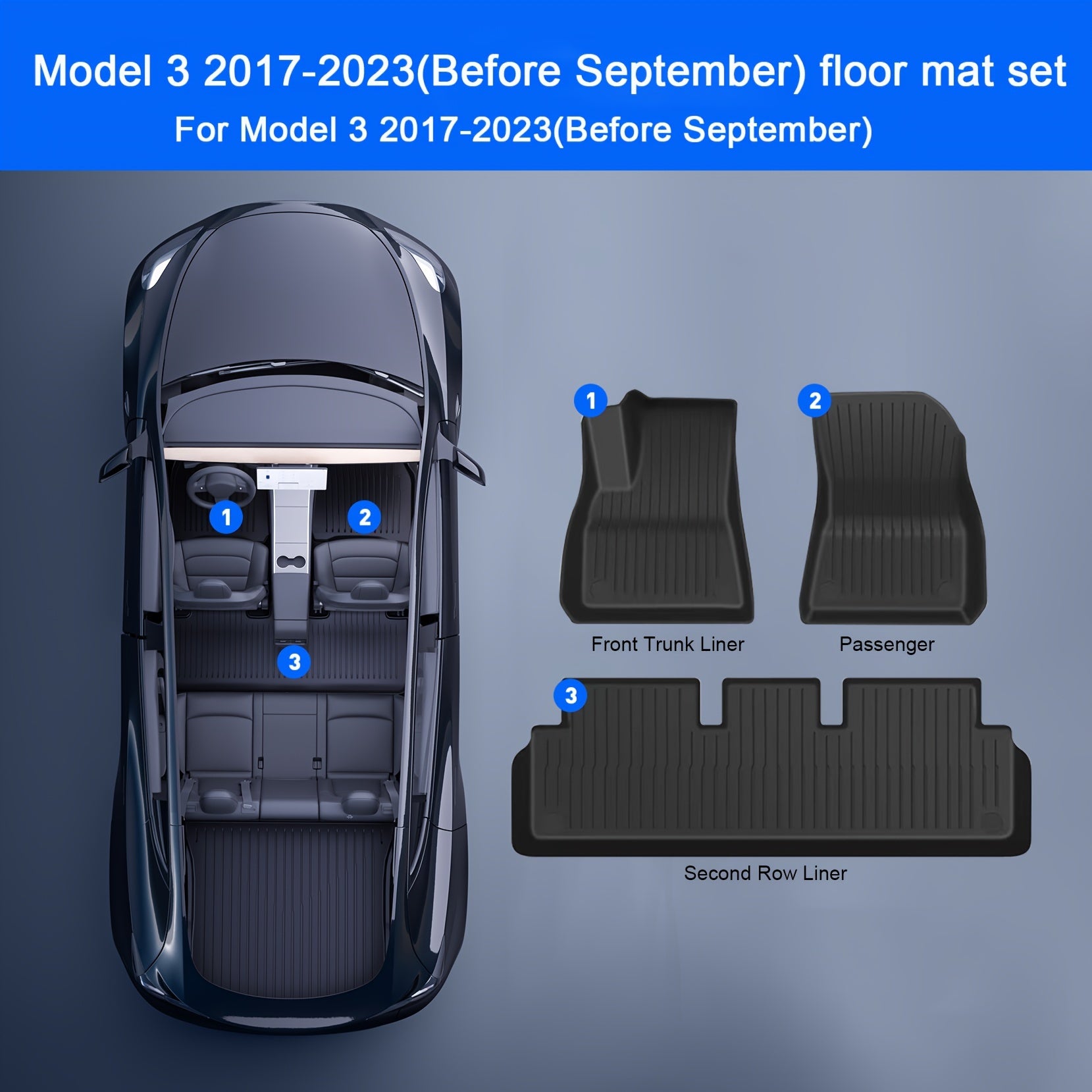 AeroGuard Max 3-Piece Black TPE Floor Mats for Tesla Model 3 2021-2023 - Waterproof, Odorless, and Non-Slip Mats for Ultimate Interior Protection.