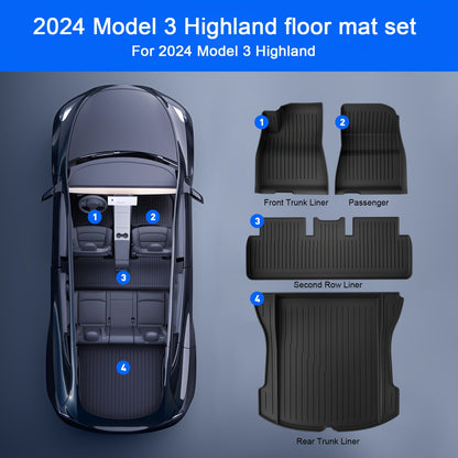 AeroGuard Max 4-Piece Black TPE Floor Mats for Tesla Model 3 2024 - Custom-Fit, Non-Slip, and Waterproof Protection for All Weather Conditions.