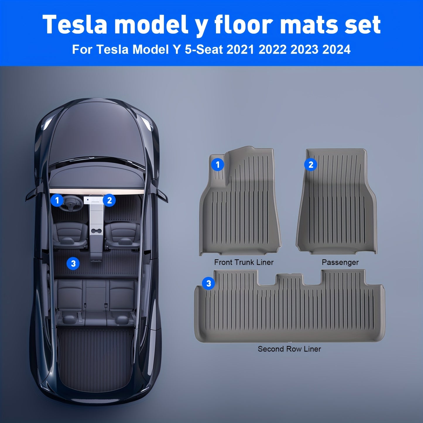 AeroGuard Max 3-Piece Gray TPE Floor Mats for Tesla Model Y 2021-2024 - Durable, Waterproof, and Precision Fit for Maximum Interior Protection.