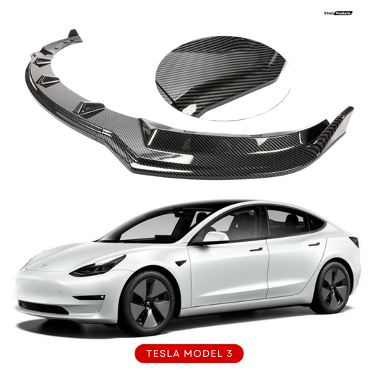 Enhance your Tesla Model 3 with a 3-piece carbon fiber printed front bumper lip kit. This durable PP material splitter protects your vehicle from common road hazards like speed bumps and curbs. Easy bolt-on installation with no drilling required for 2017-2023 models.