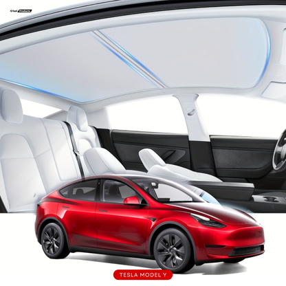 SkyShield Pro sunshade for Tesla Model Y 2021-2024, front and rear sunroof cover offering UV protection and heat reduction. Custom fit and foldable design for easy storage